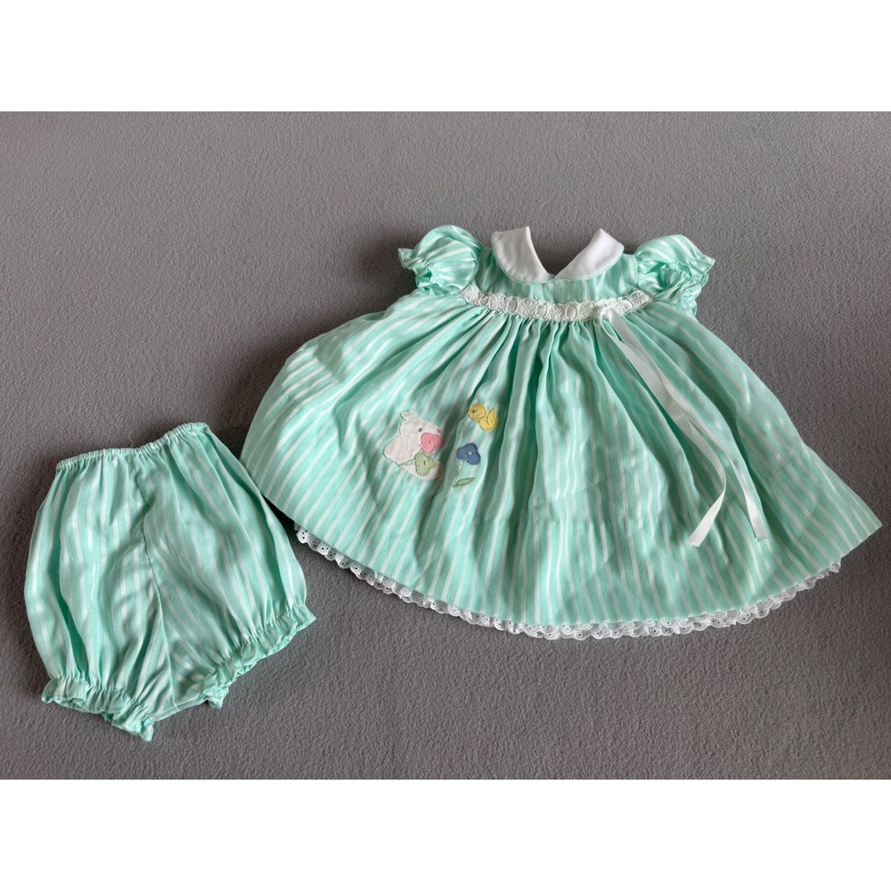 Jayne Copeland Vintage Baby Girl Mint Green Striped Dress Bloomer Set Size 3 Mo